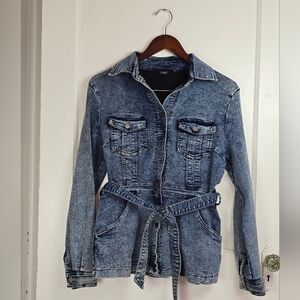 Trac Belted Stretchy Retro Acid Wash Belted Jean Jacket Size Medium